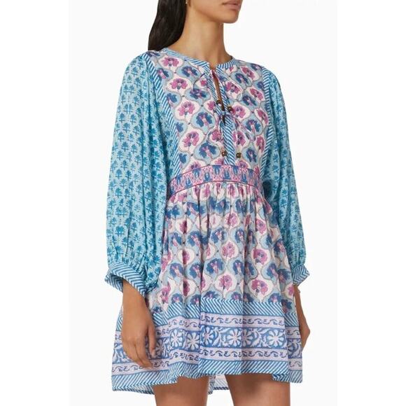 OLIPHANT Tie Front Balloon Sleeve Short Blue Cotton Block Print Dress Tuckernuck - Picture 5 of 16